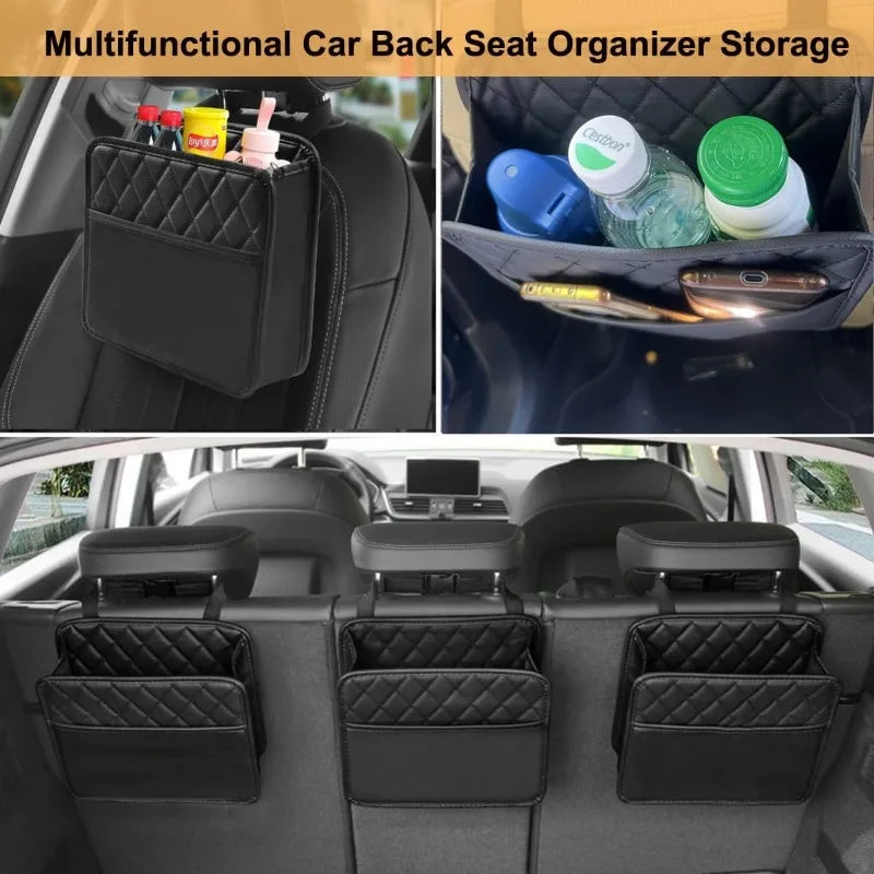 Car Multifunctional Storage Bag Premium PU Leather Front and Front Seat Car Storage Bag Waterproof Hanging Garbage Bag