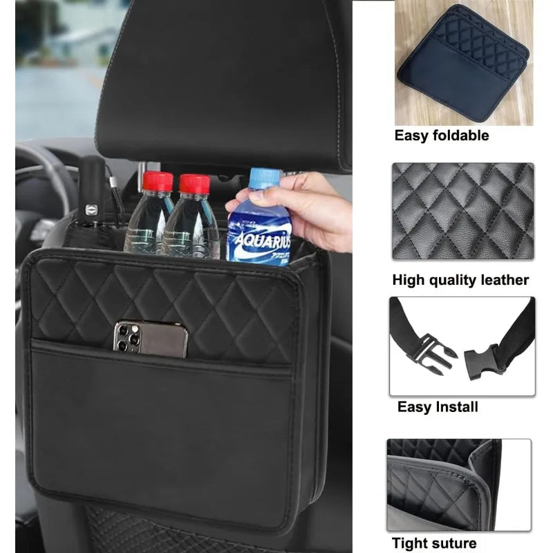 Car Multifunctional Storage Bag Premium PU Leather Front and Front Seat Car Storage Bag Waterproof Hanging Garbage Bag