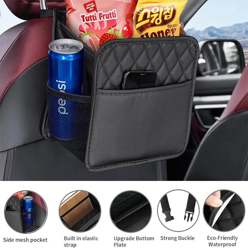 Car Multifunctional Storage Bag Premium PU Leather Front and Front Seat Car Storage Bag Waterproof Hanging Garbage Bag