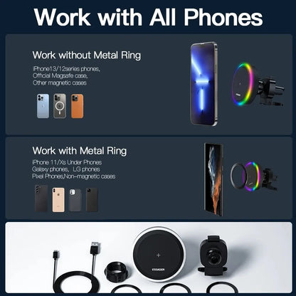 RGB Magnetic Car Phone Holder Qi 15W Wireless Charger Car for Iphone 14 13 Pro Max Samsung Phone Holder Stand