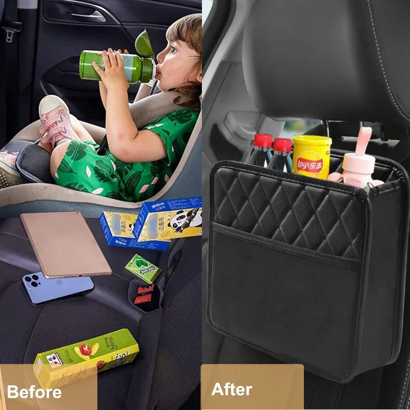 Car Multifunctional Storage Bag Premium PU Leather Front and Front Seat Car Storage Bag Waterproof Hanging Garbage Bag