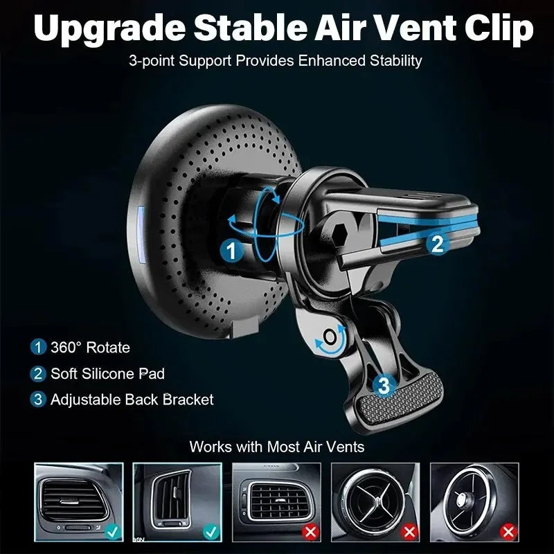 Magnetic Wireless Car Charger Mount for iPhone 12-17Pro Max Mini - Air Vent Phone Holder with Fast Charging Station