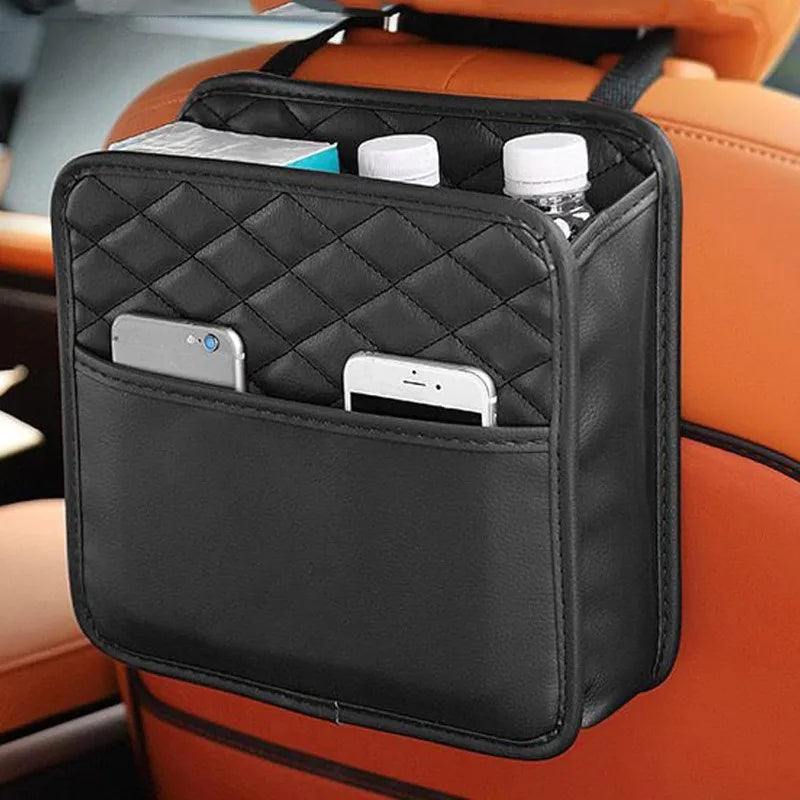 Car Multifunctional Storage Bag Premium PU Leather Front and Front Seat Car Storage Bag Waterproof Hanging Garbage Bag